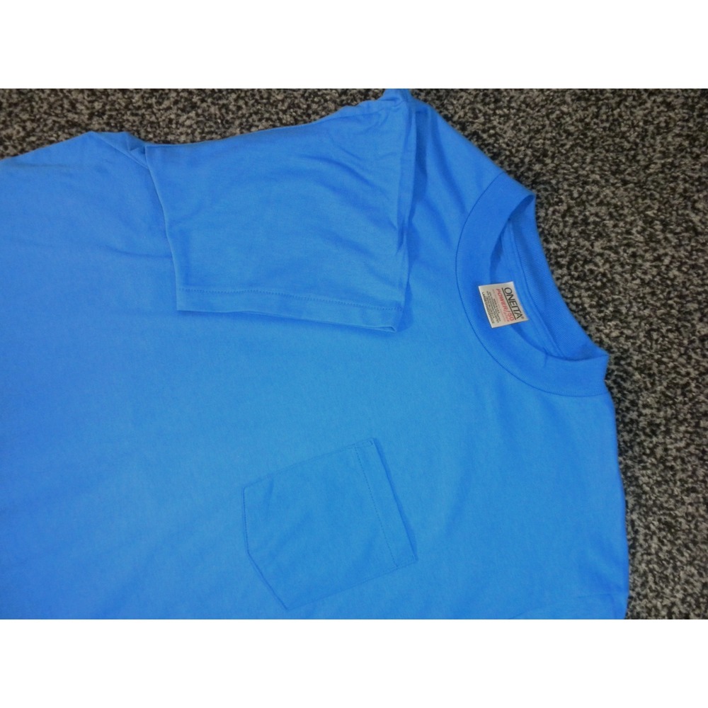 Vtg‎ Oneita Pocket T-shirt L Blue Blank Power 50 Short Sleeve Single Stitch USA
